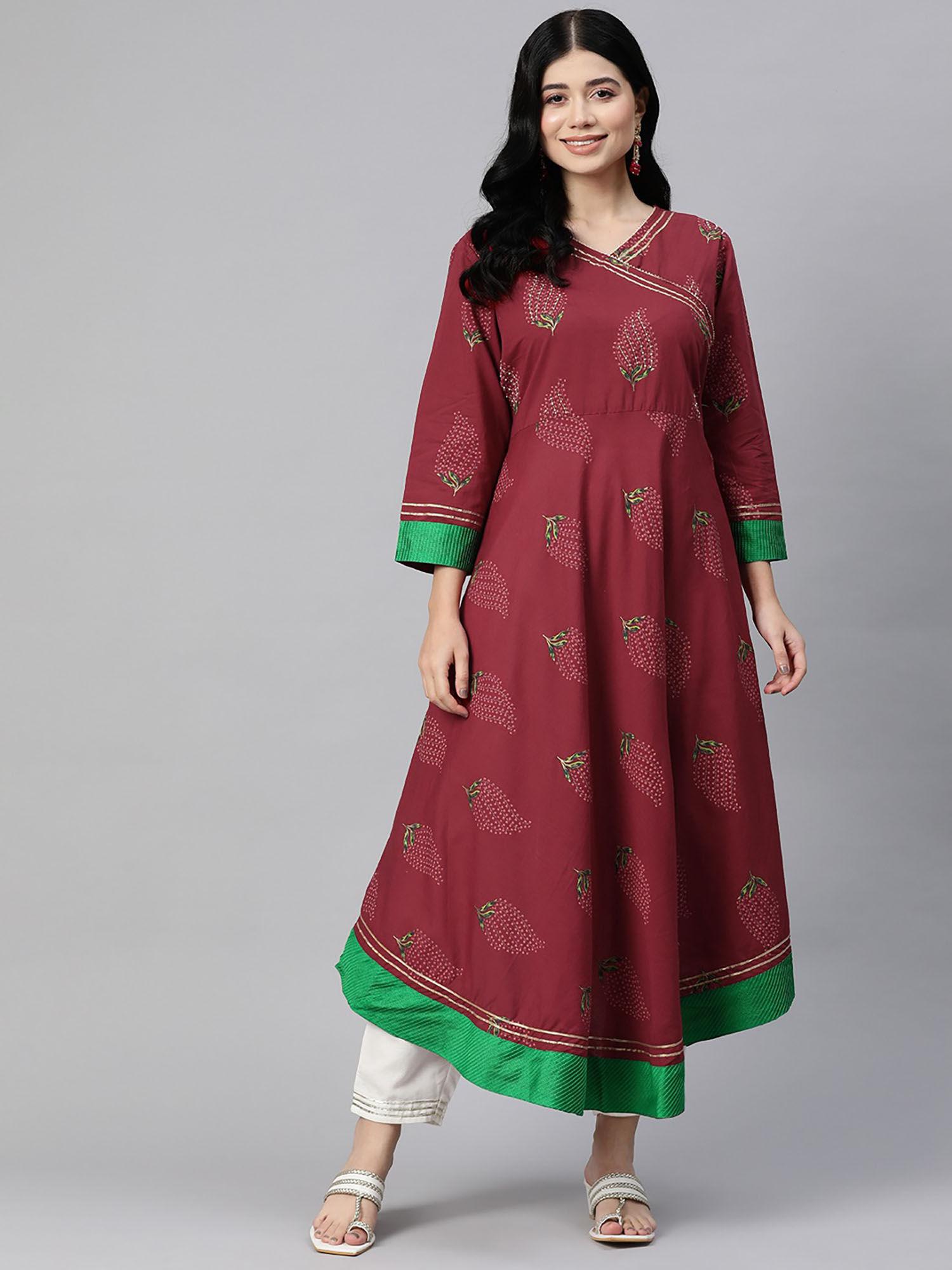 anarkali style cotton fabric maroon color kurta