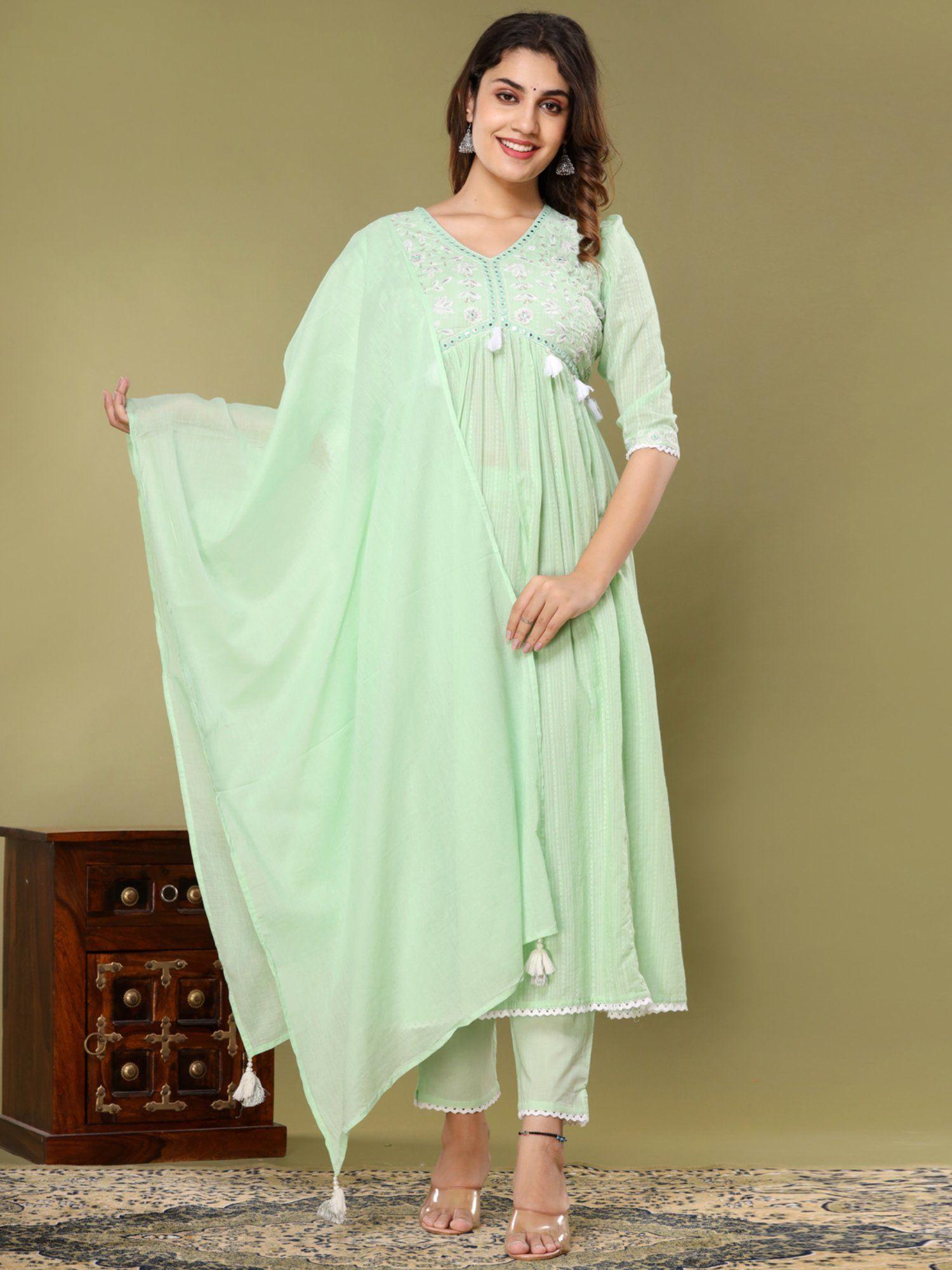 anarkali style cotton green kurta with pants & dupatta (set of 3)