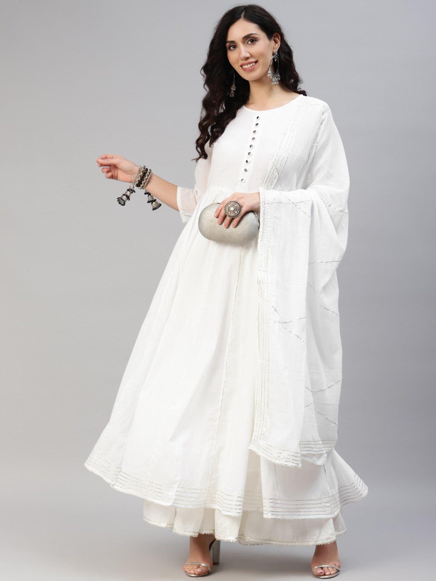 anarkali style white cotton malmal dress with dupatta (set of 2)