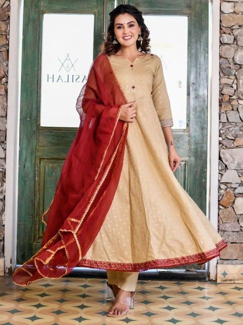 anastay beige sands & mahogany bias cut empire anarkali with pant and dupatta