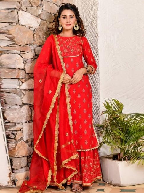 anastay cherry red 3-piece long kurta sharara with dupatta