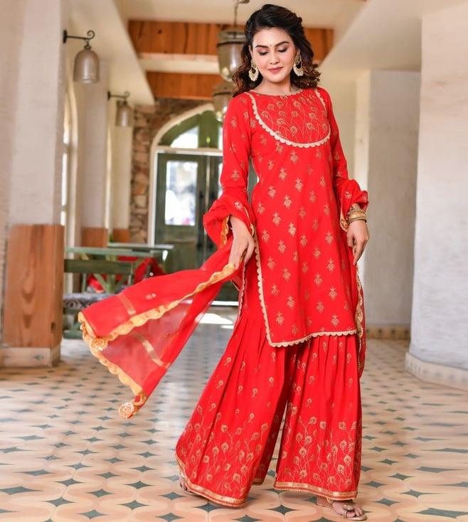 anastay cherry red 3-piece short kurta sharara with dupatta