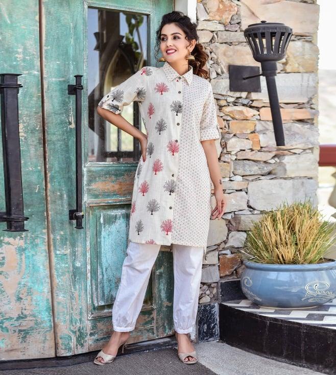 anastay cream white & burgundy red half and half printed tulip kurta with pant