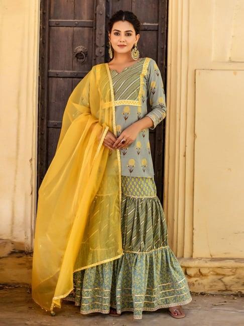 anastay green 3 piece short kurta with tier gathered sharara & mustard organza dupatta