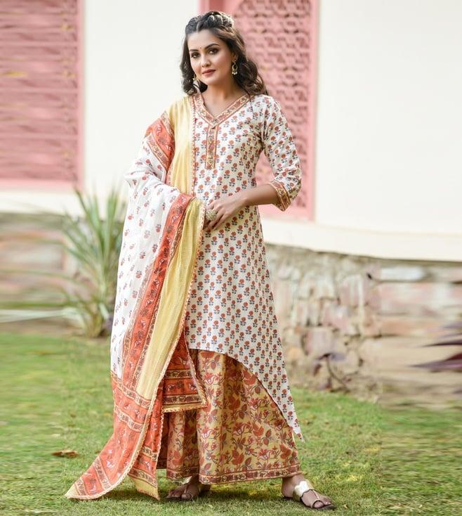 anastay off white & orange asymmetrical kurta with garara