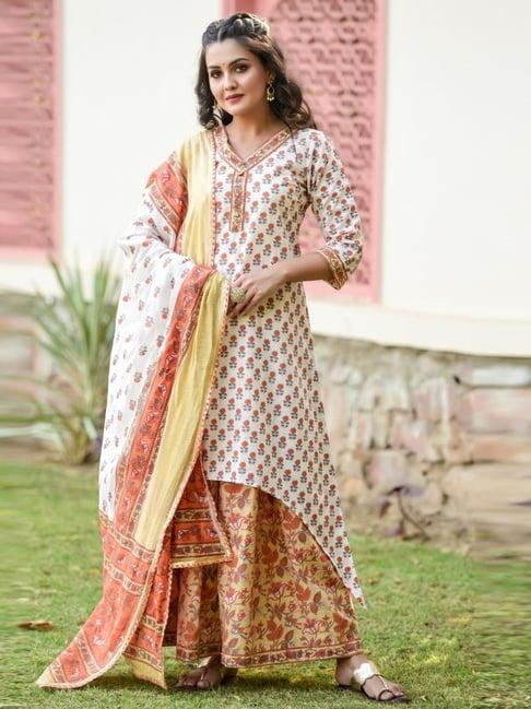 anastay off white & orange asymmetrical kurta with garara