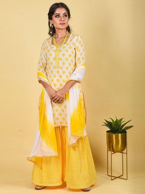 anastay off white & yellow short kurta sharara with dupatta