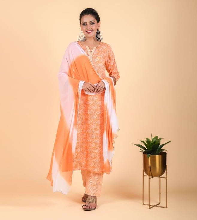 anastay orange floral kurta with pant and dupatta