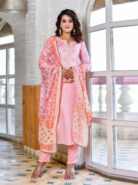 anastay pink floral embroidered kurta with pant and dupatta