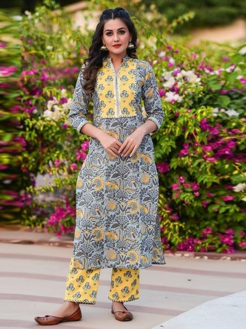 anastay powder blue & lemon yellow floral jaal kurta with pant