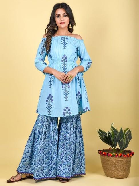 anastay royal blue off- shoulder empire gathered short kurta with sharara