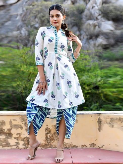 anastay snow white & teal blue asymmetrical dhoti with kurta