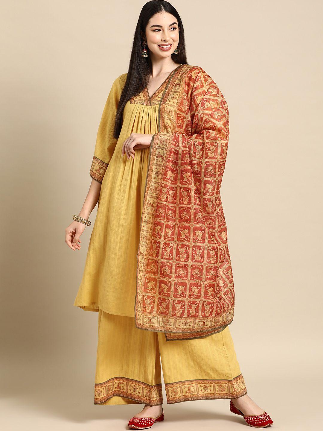 anayna ethnic motifs regular pure cotton kurta with palazzos & dupatta