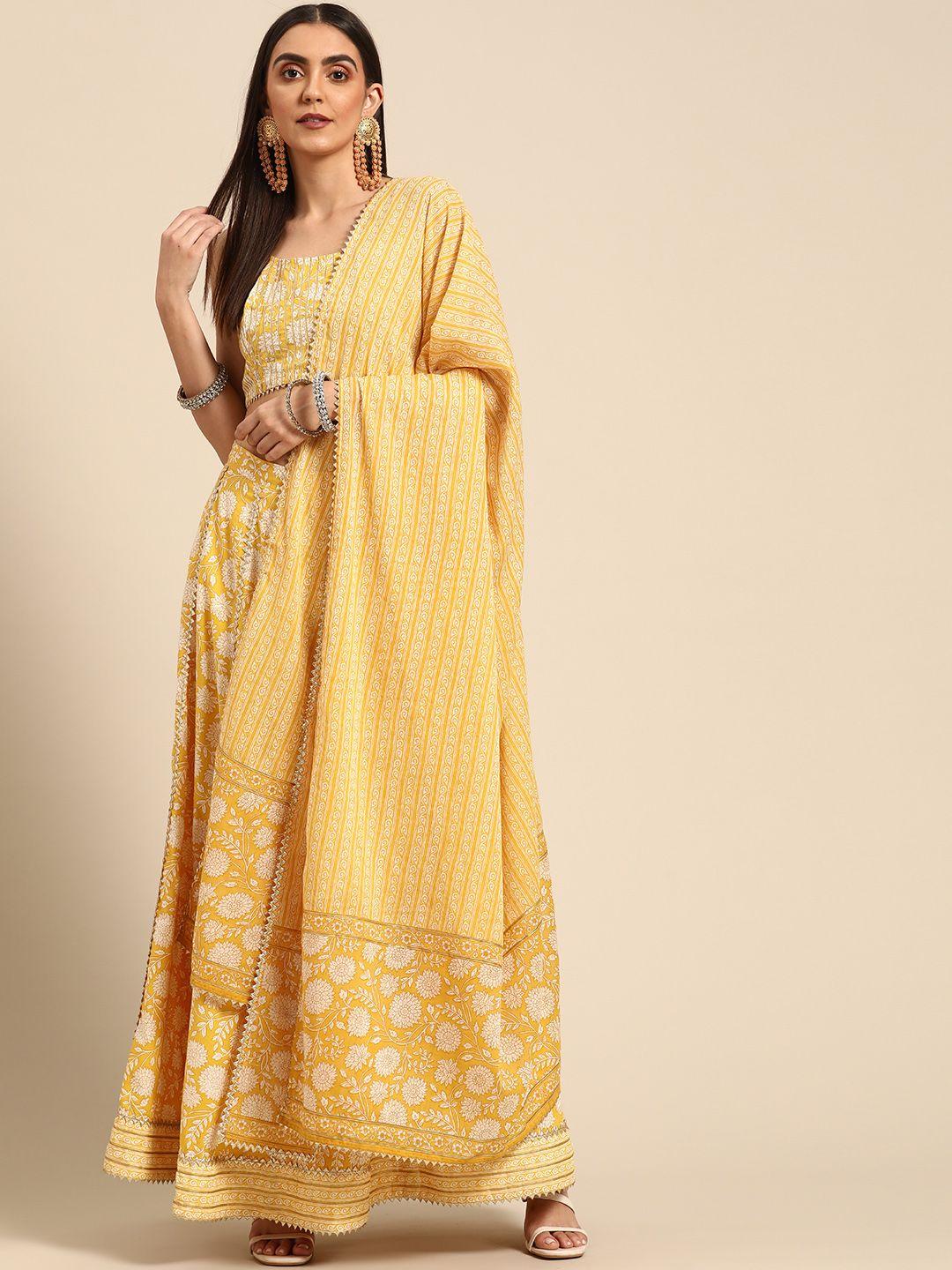 anayna mustard yellow & off white cotton printed gotta patti ready to wear lehenga choli