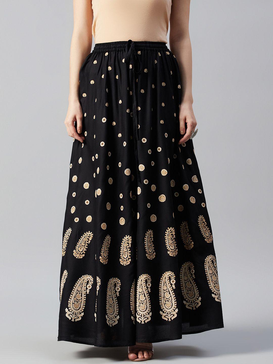 anayna women black & beige ethnic motifs print flared maxi skirt