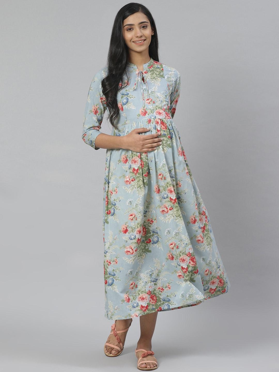 anayna women blue & green floral printed pure cotton maternity a-line dress