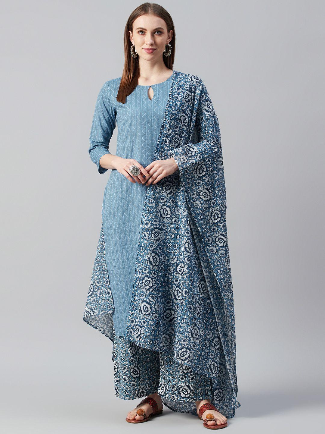 anayna women blue & white self striped kantha work kurta with trousers & dupatta