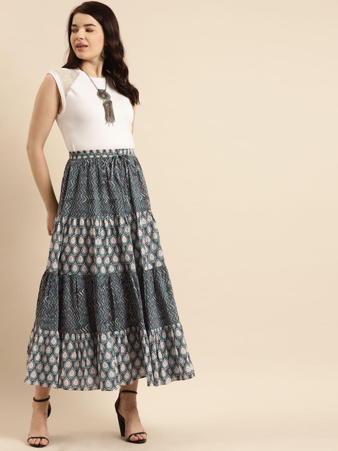 anayna women blue and white printed cotton tiered long skirt