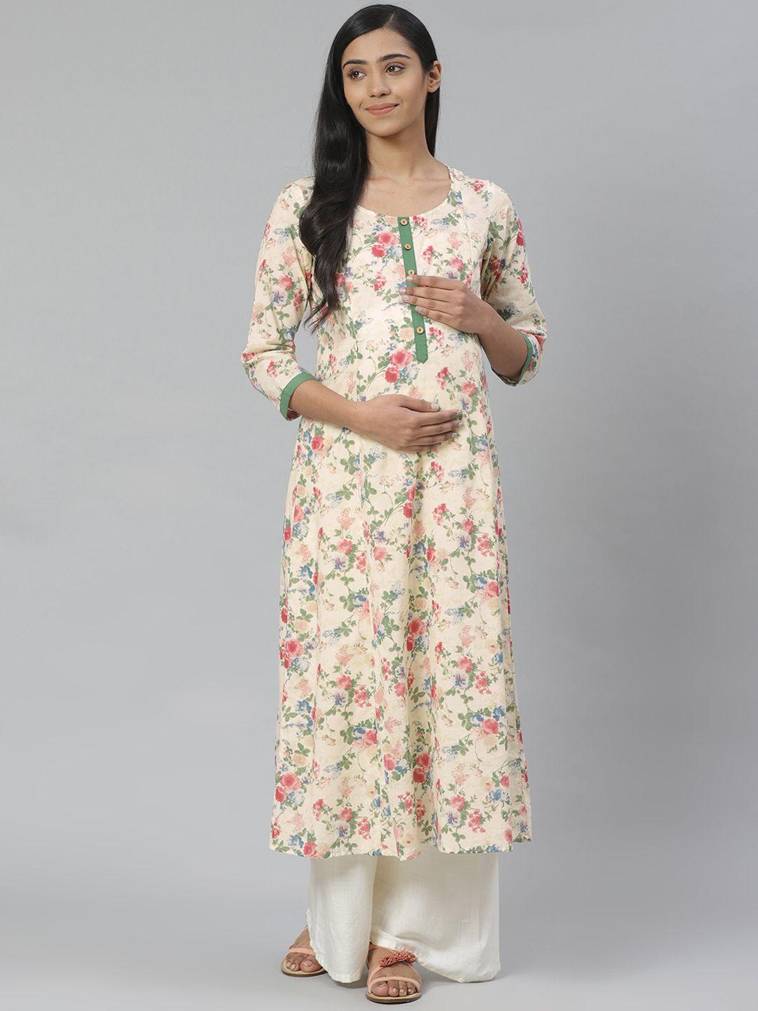 anayna women cream-coloured & green floral a-line maternity kurta