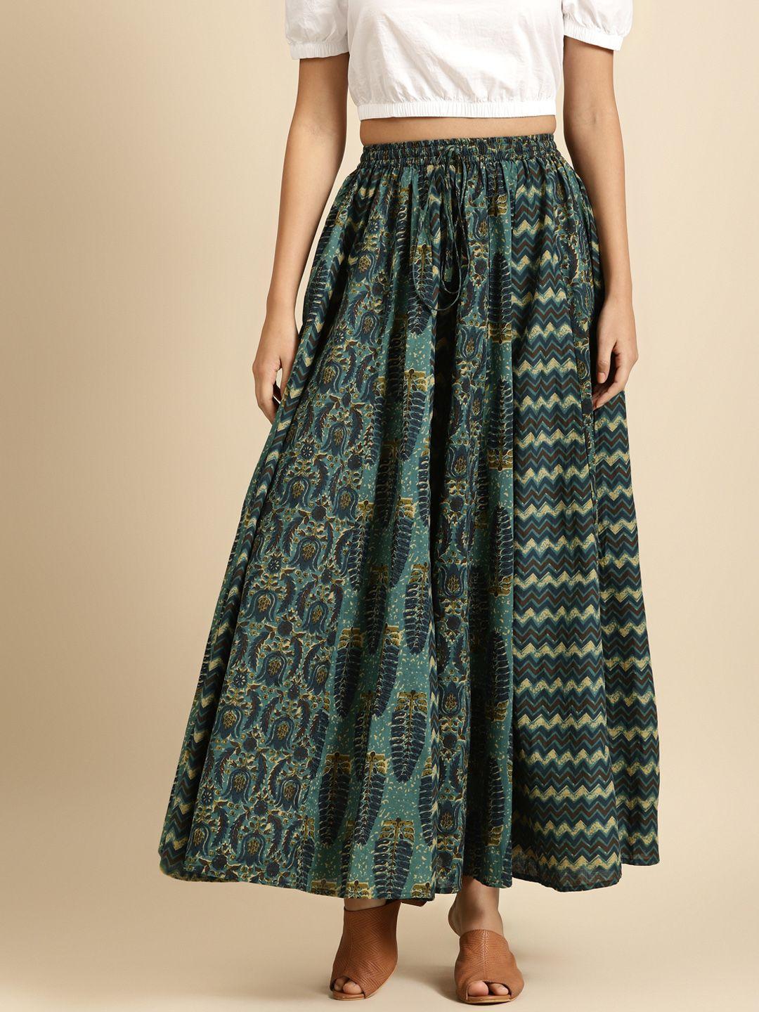 anayna women green & beige printed pure cotton maxi flared skirt