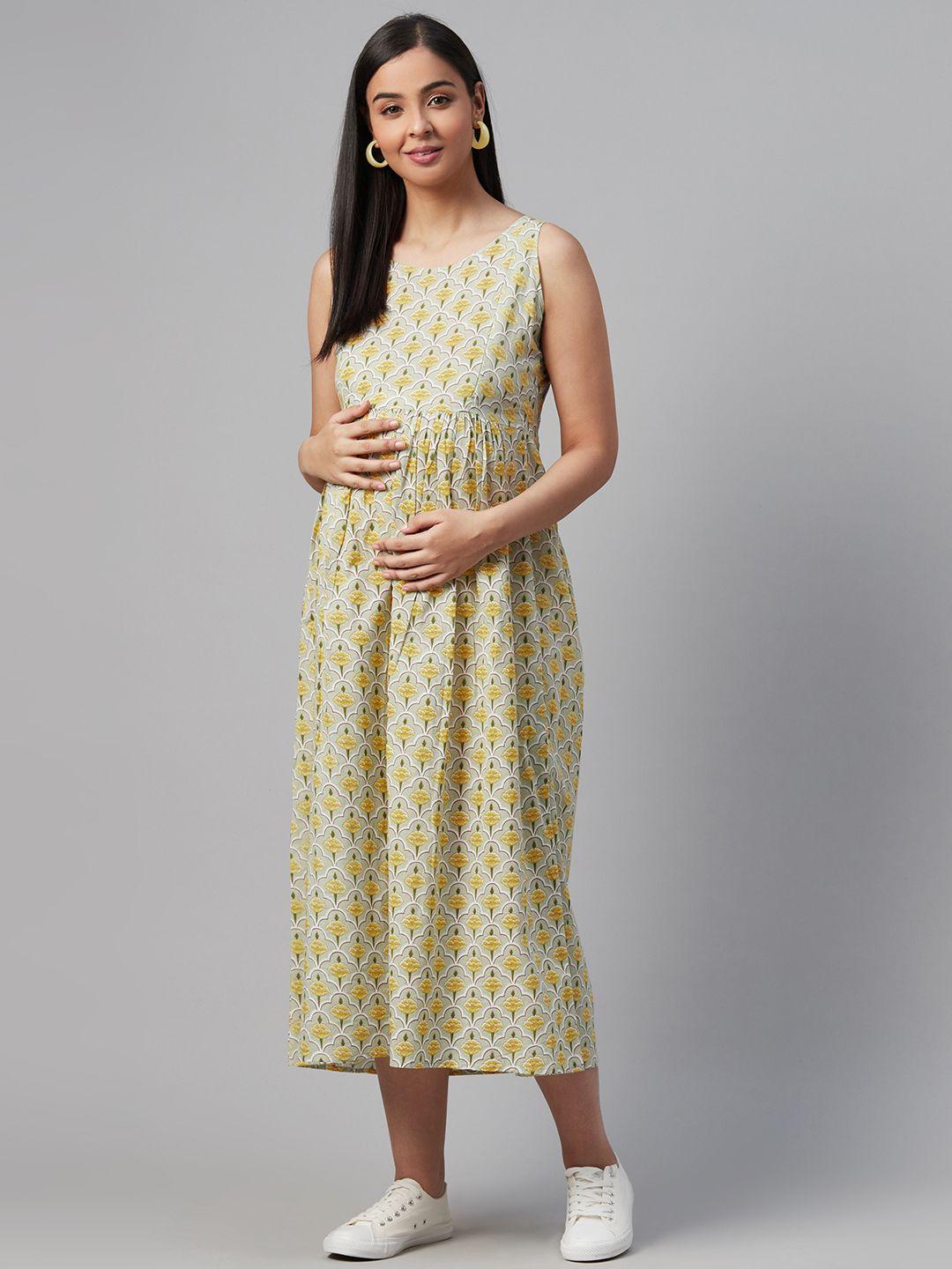 anayna women green & yellow printed a-line layered maternity dress