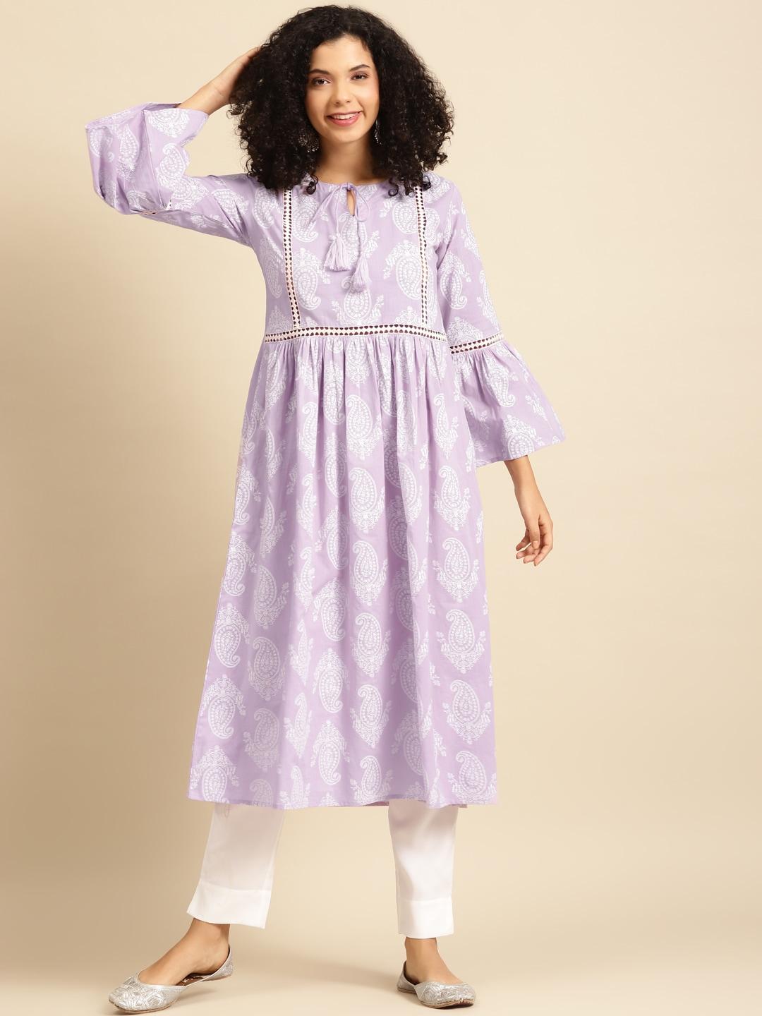 anayna women lavender & white paisley screen print bell sleeves cotton pastels kurta