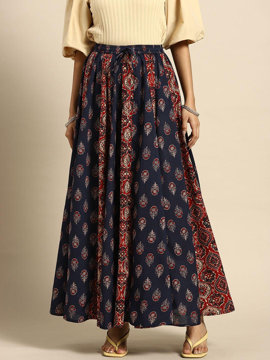 anayna women navy blue & maroon printed flared cotton maxi skirt