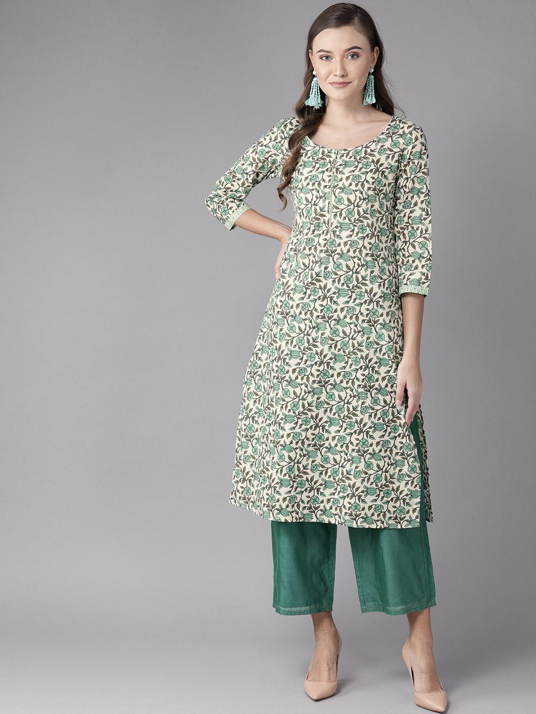 anayna women off-white & green printed straight kurta