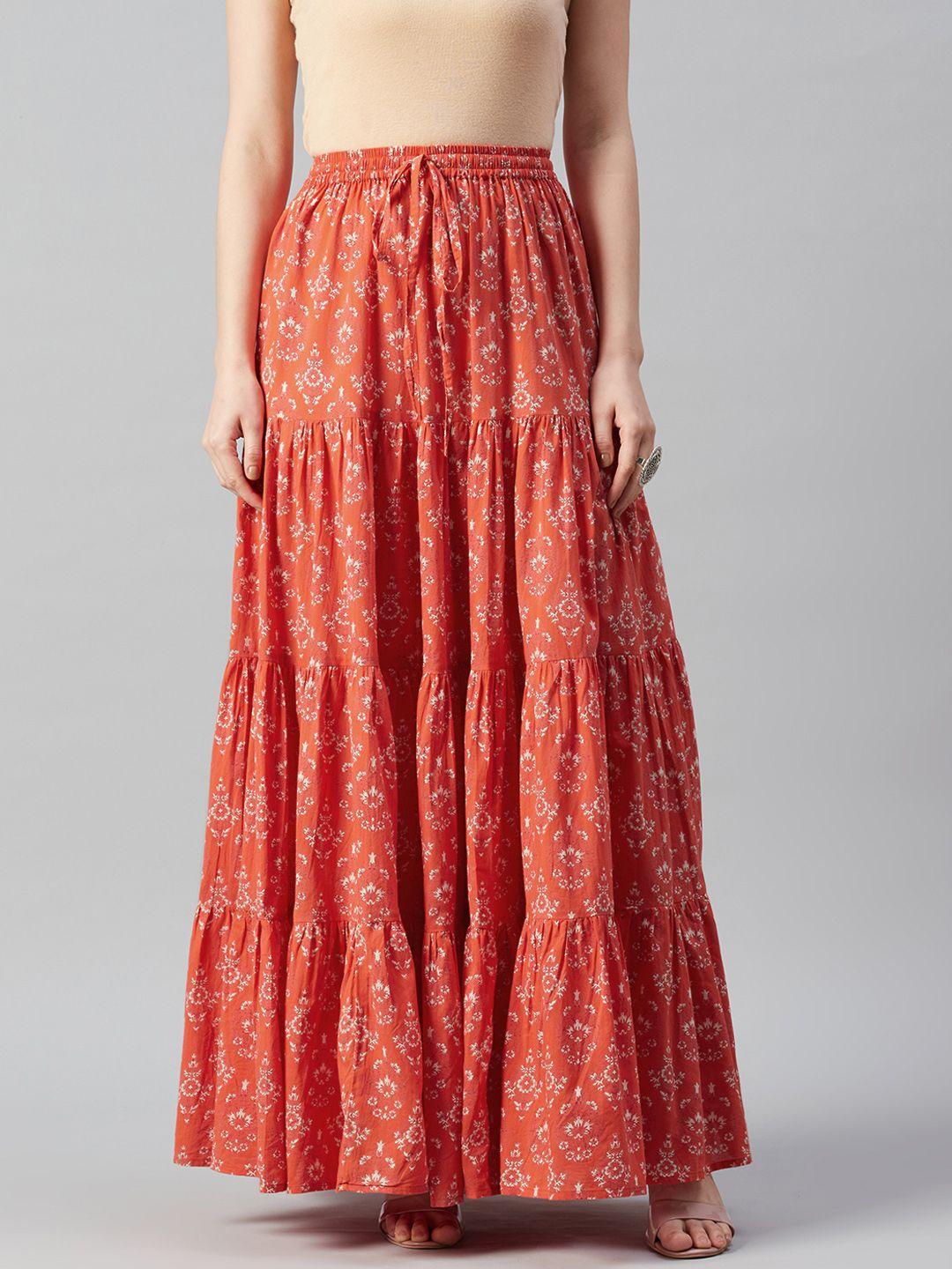 anayna women orange & off-white floral print flared tiered maxi pure cotton skirt