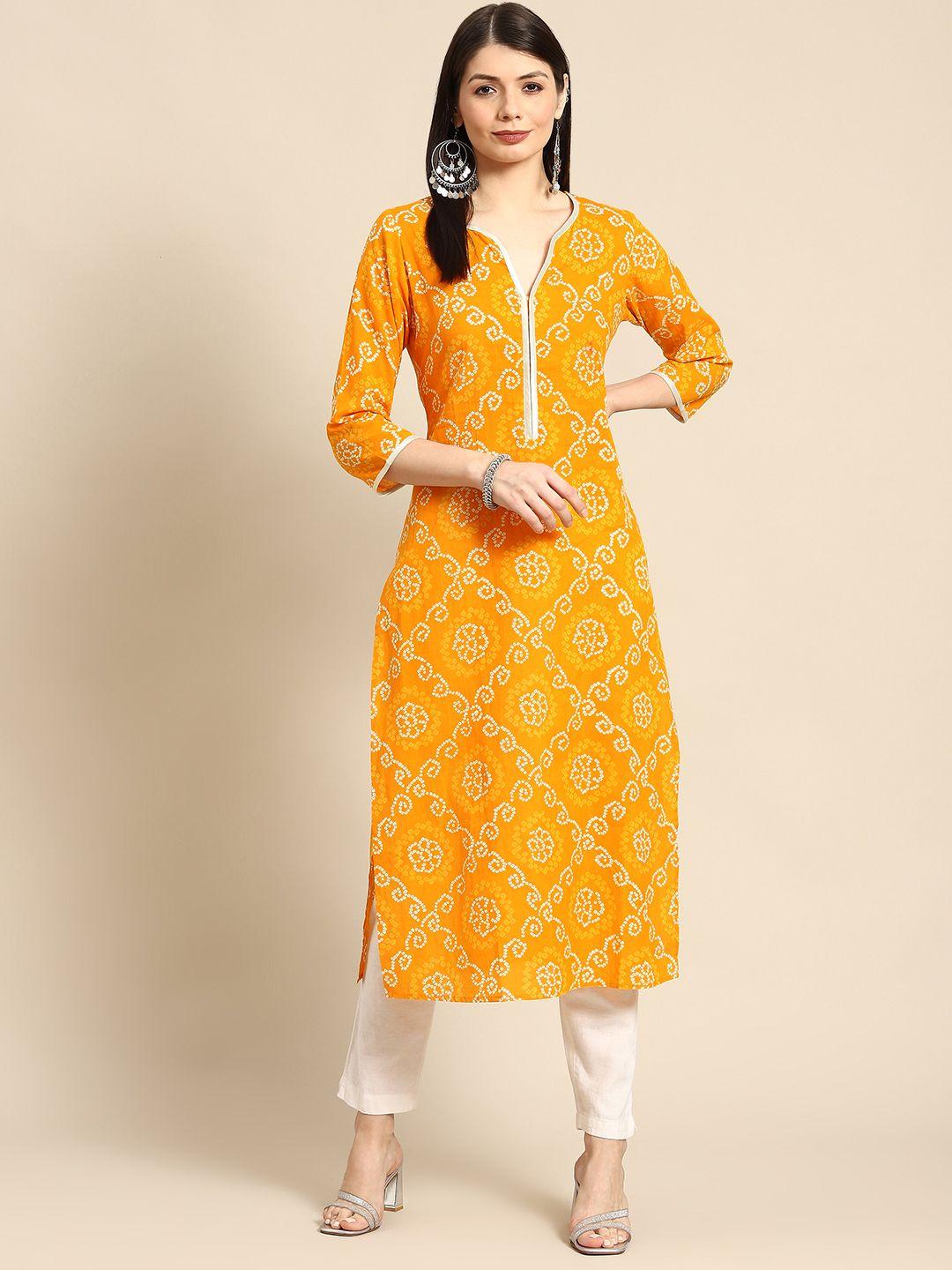 anayna women orange & white bandhani printed pure cotton gotta patti kurta