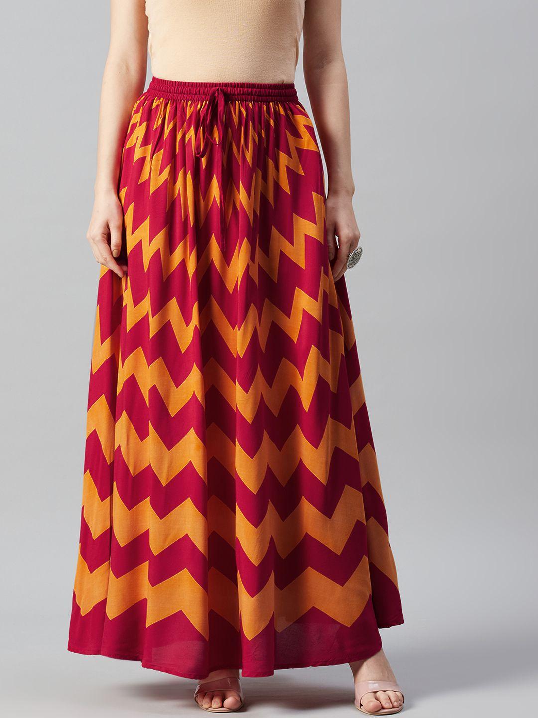 anayna women red & mustard yellow chevron print flared maxi skirt