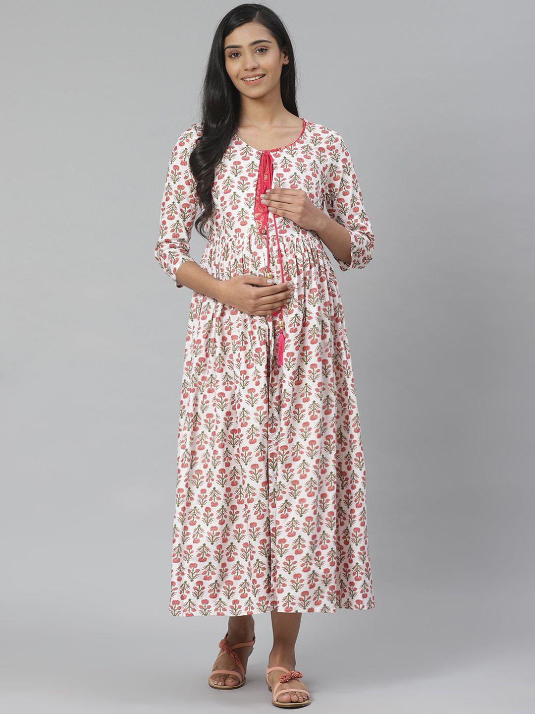 anayna women white & pink pure cotton printed maternity layered a-line dress
