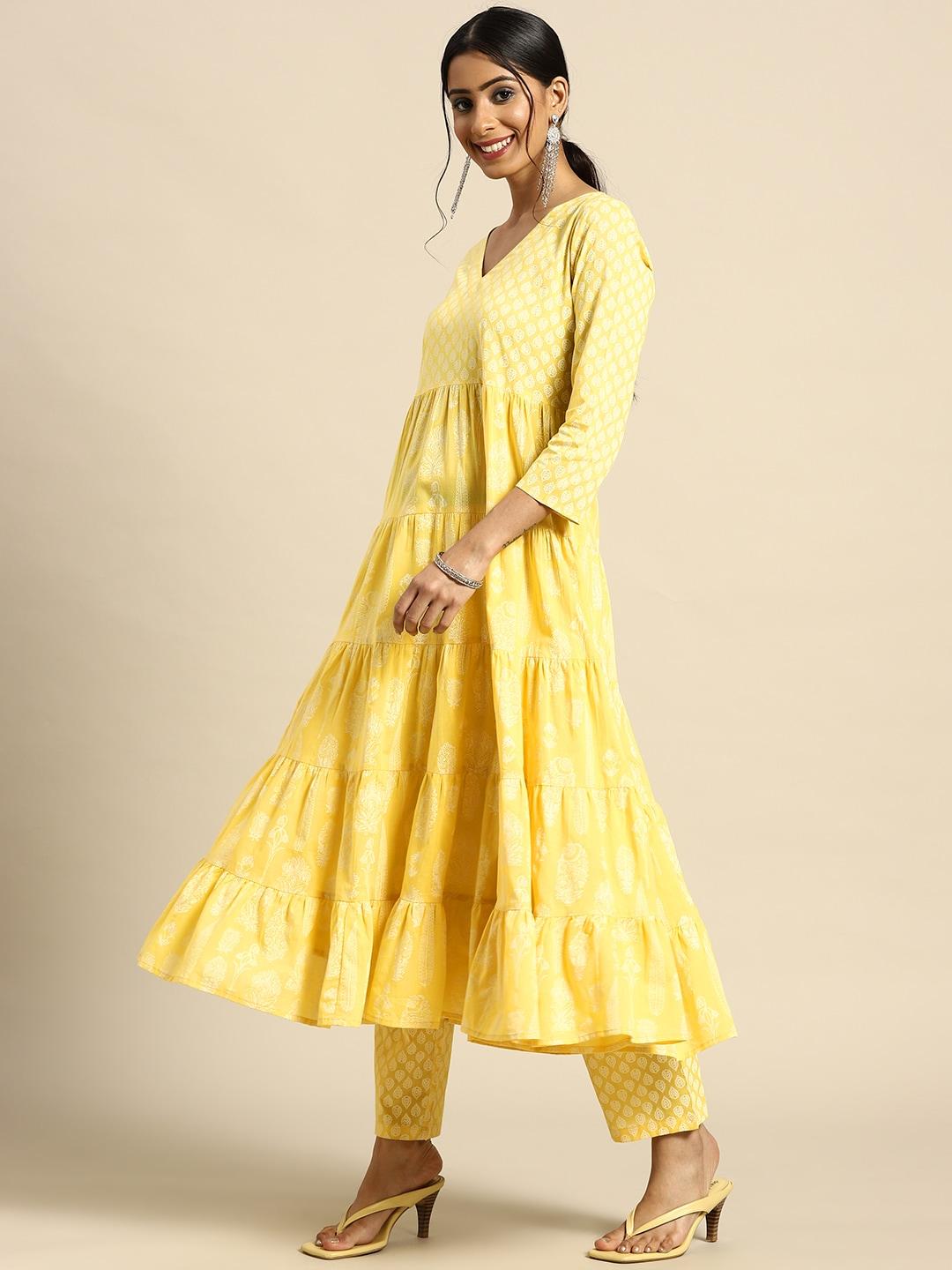 anayna women yellow ethnic motifs printed tiered pure cotton kurta with trousers