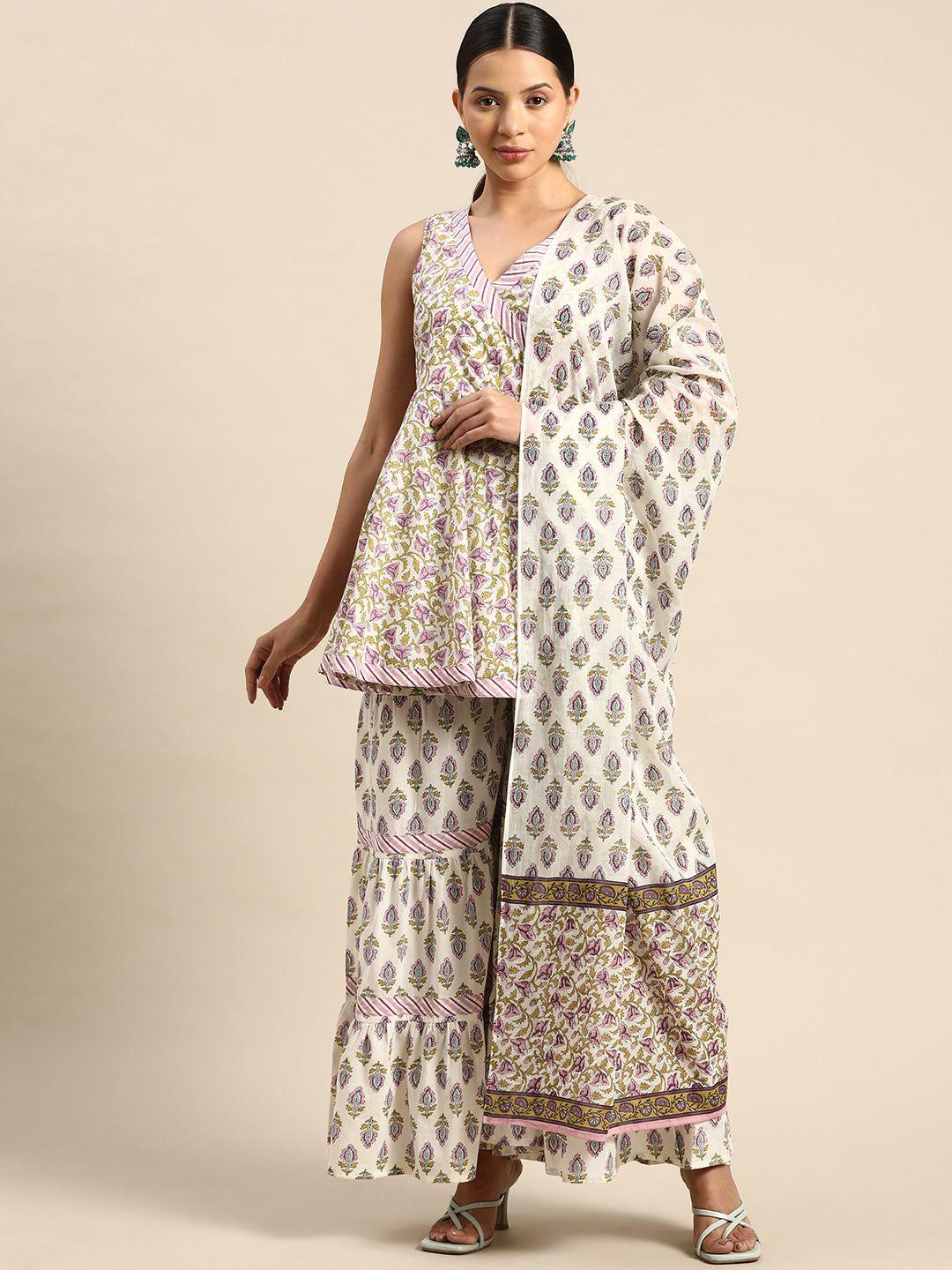 anayna floral printed angrakha pure cotton top with sharara & with dupatta