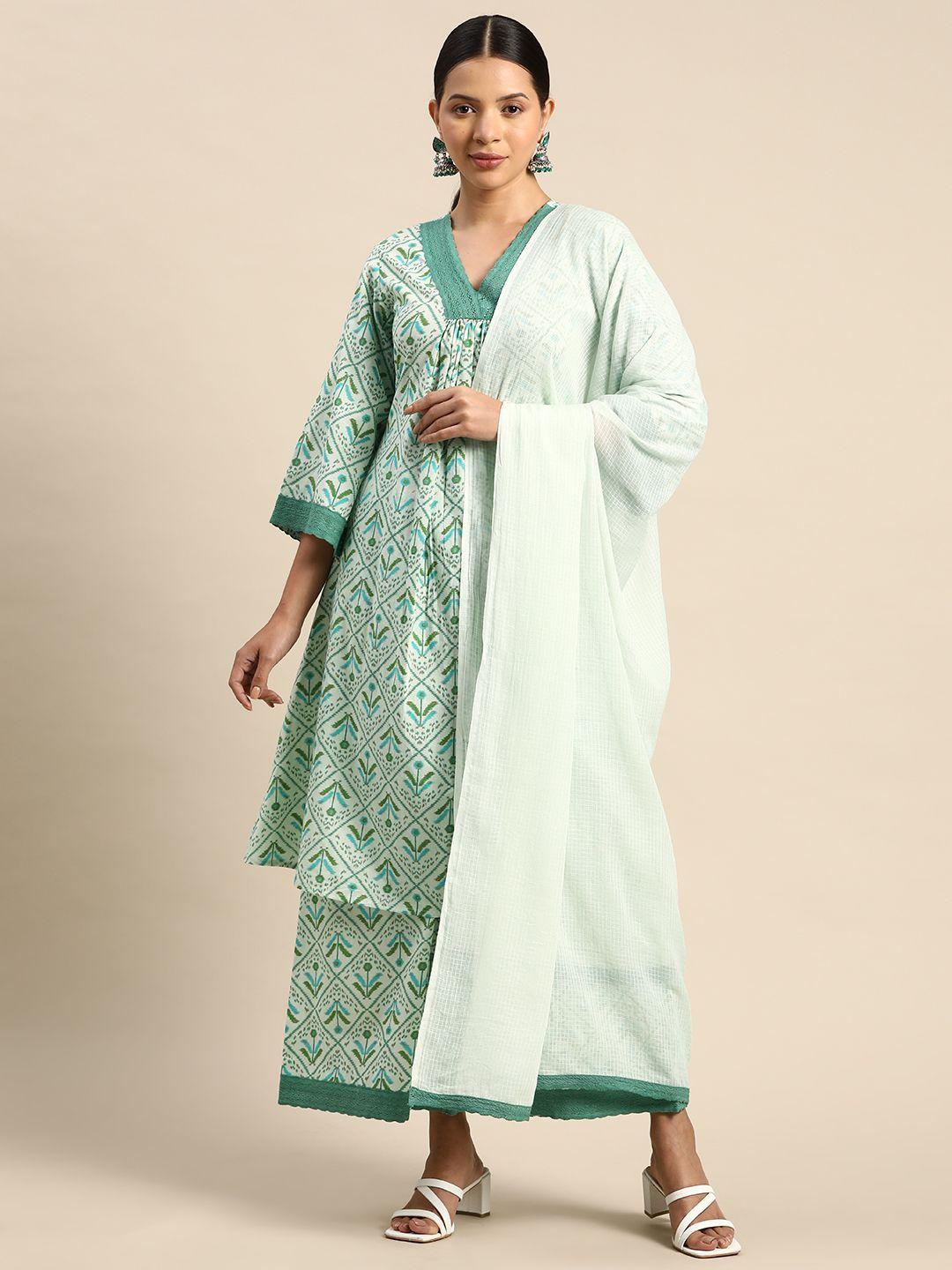 anayna floral printed pleated pure cotton kurta with trousers & with dupatta