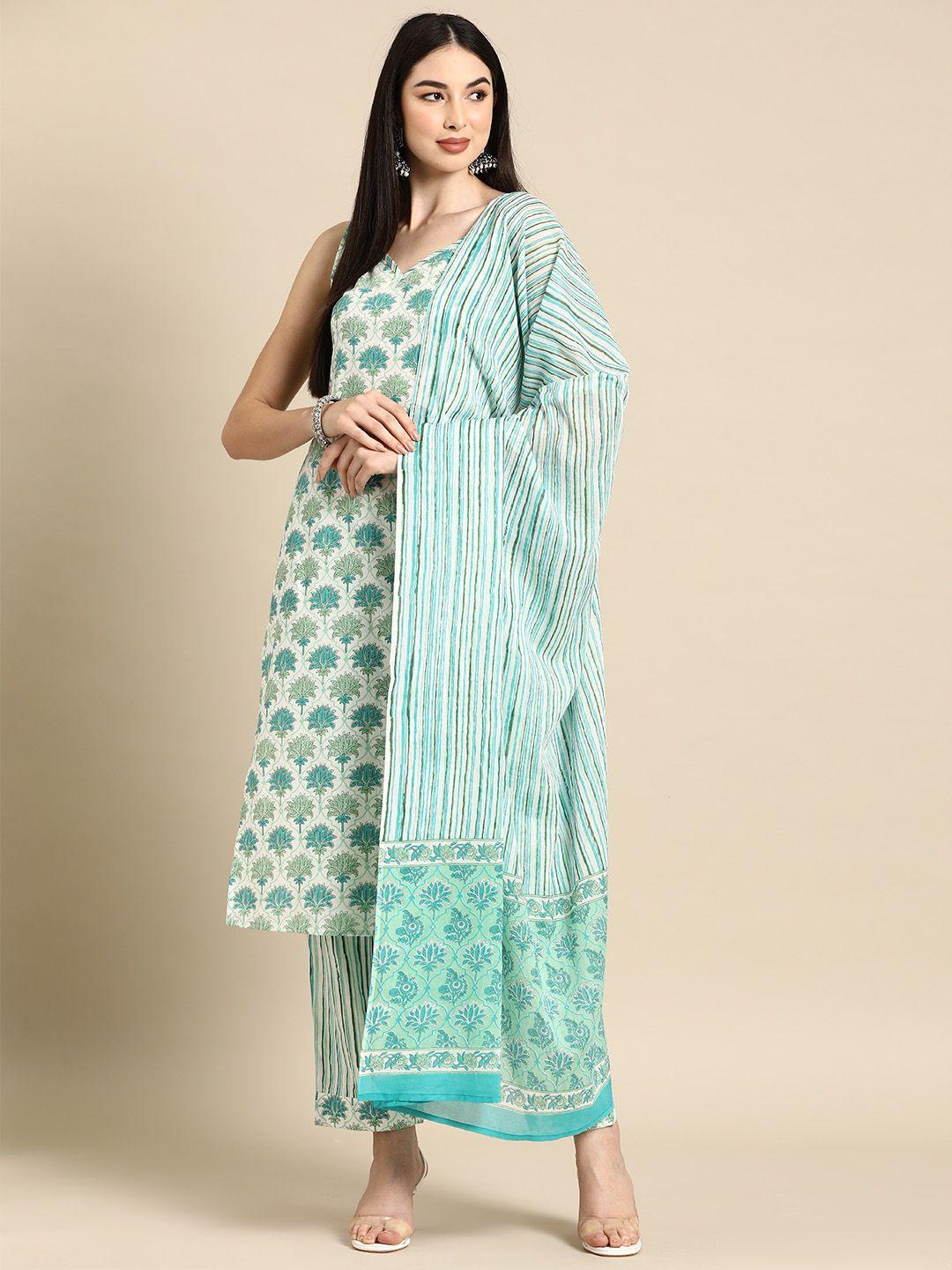 anayna floral printed regular pure cotton sweetheart neck kurta with trousers & dupatta