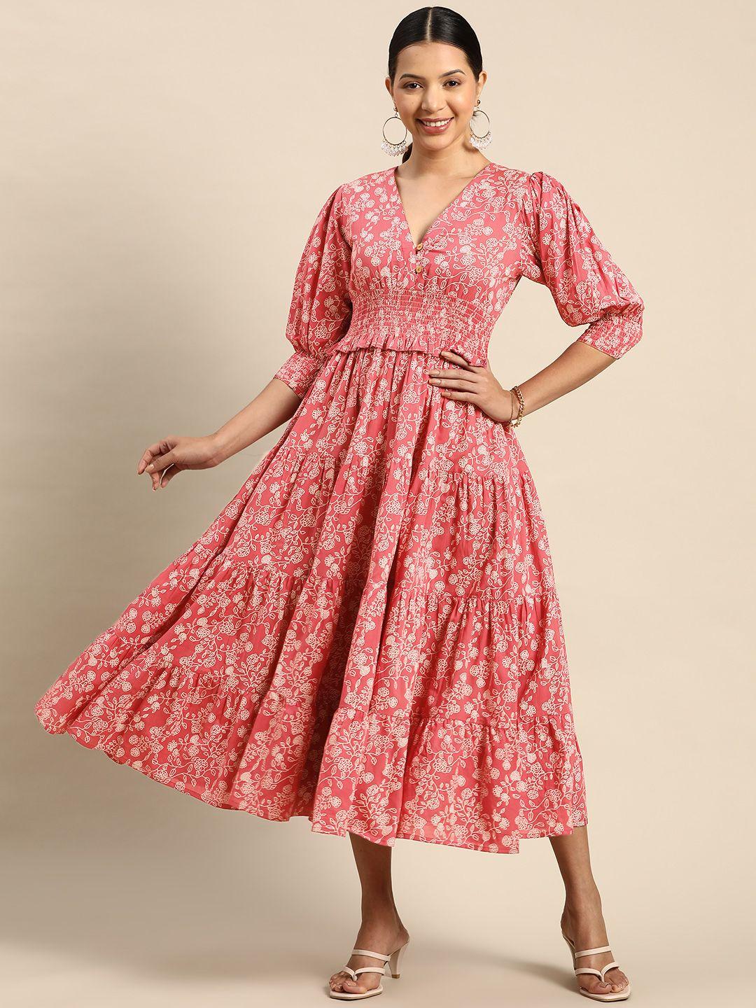anayna floral printed smocked fit & flare maxi dress