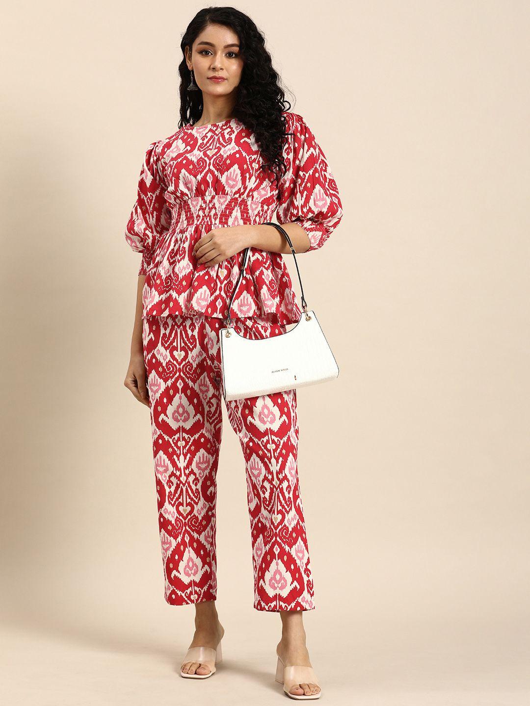 anayna printed pure cotton peplum top with trousers