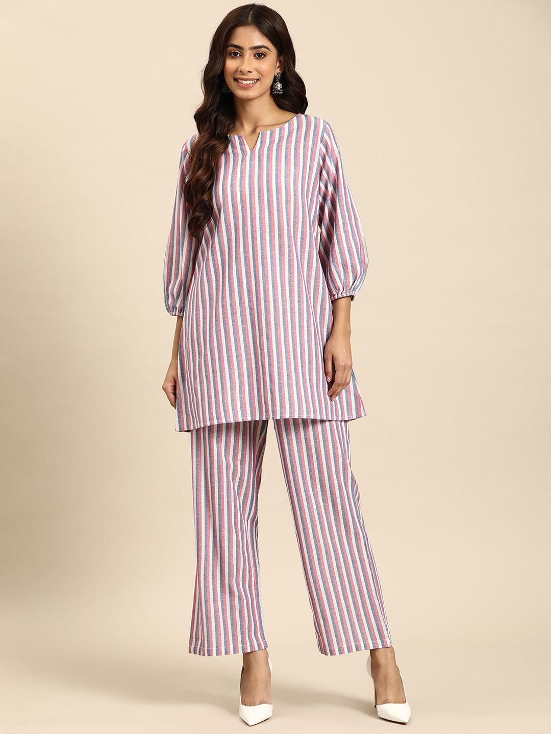 anayna striped puff sleeves pure cotton kurti with palazzos