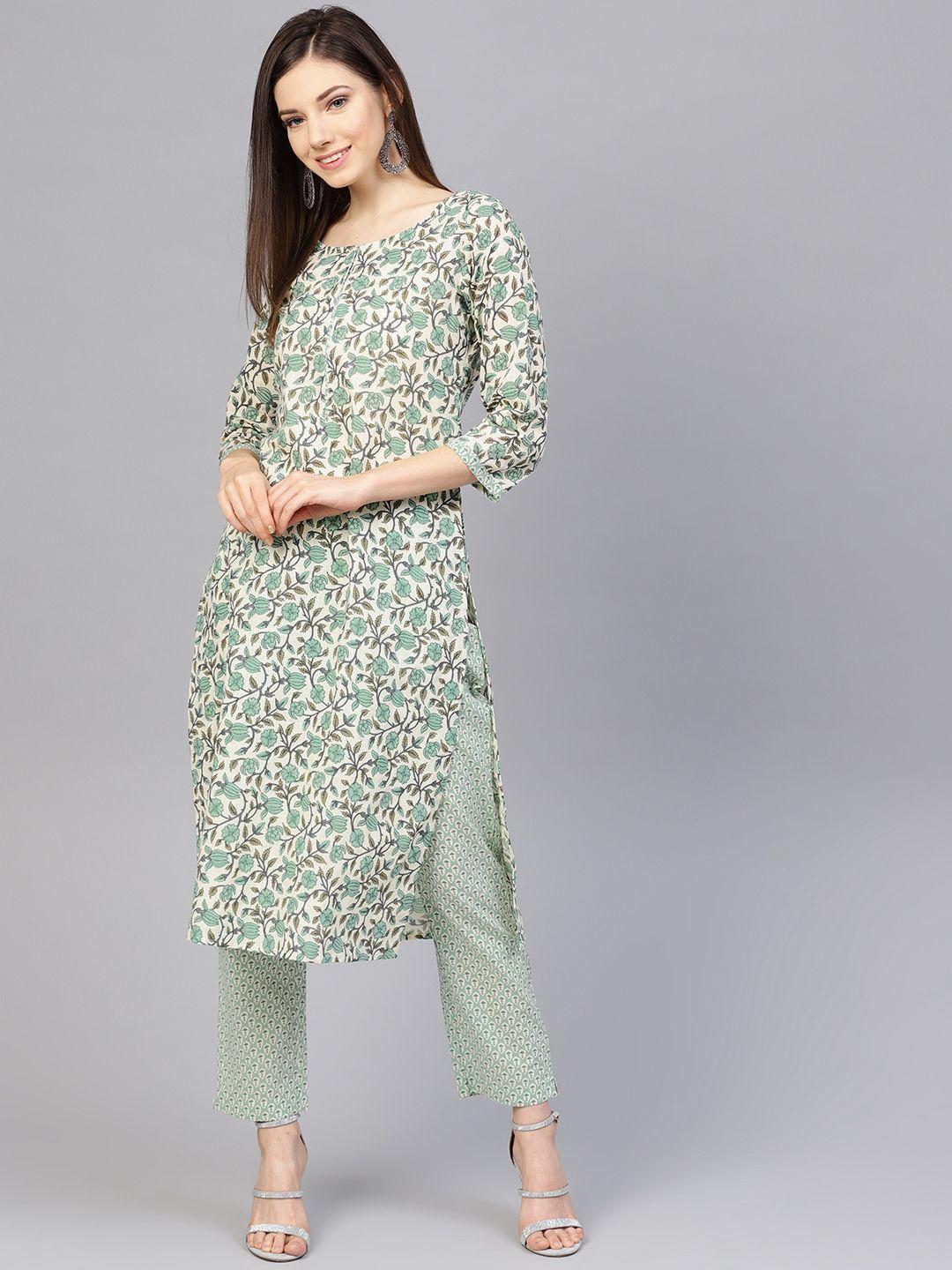 anayna women beige & green printed kurta with trousers
