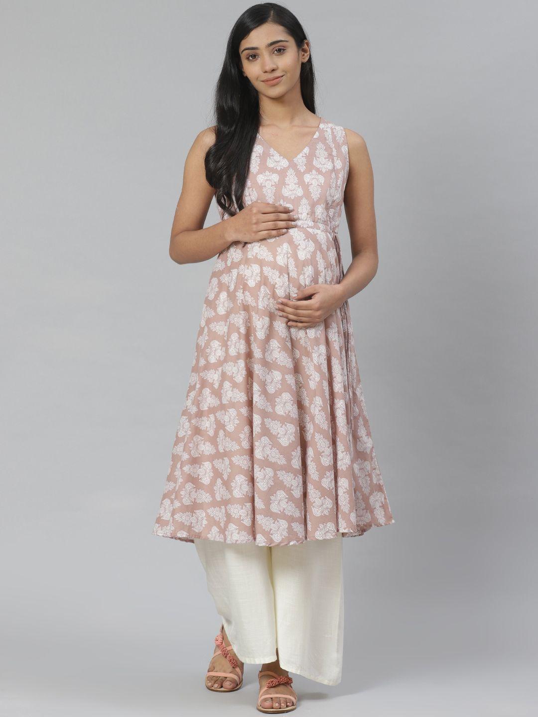 anayna women beige & white printed anarkali maternity kurta