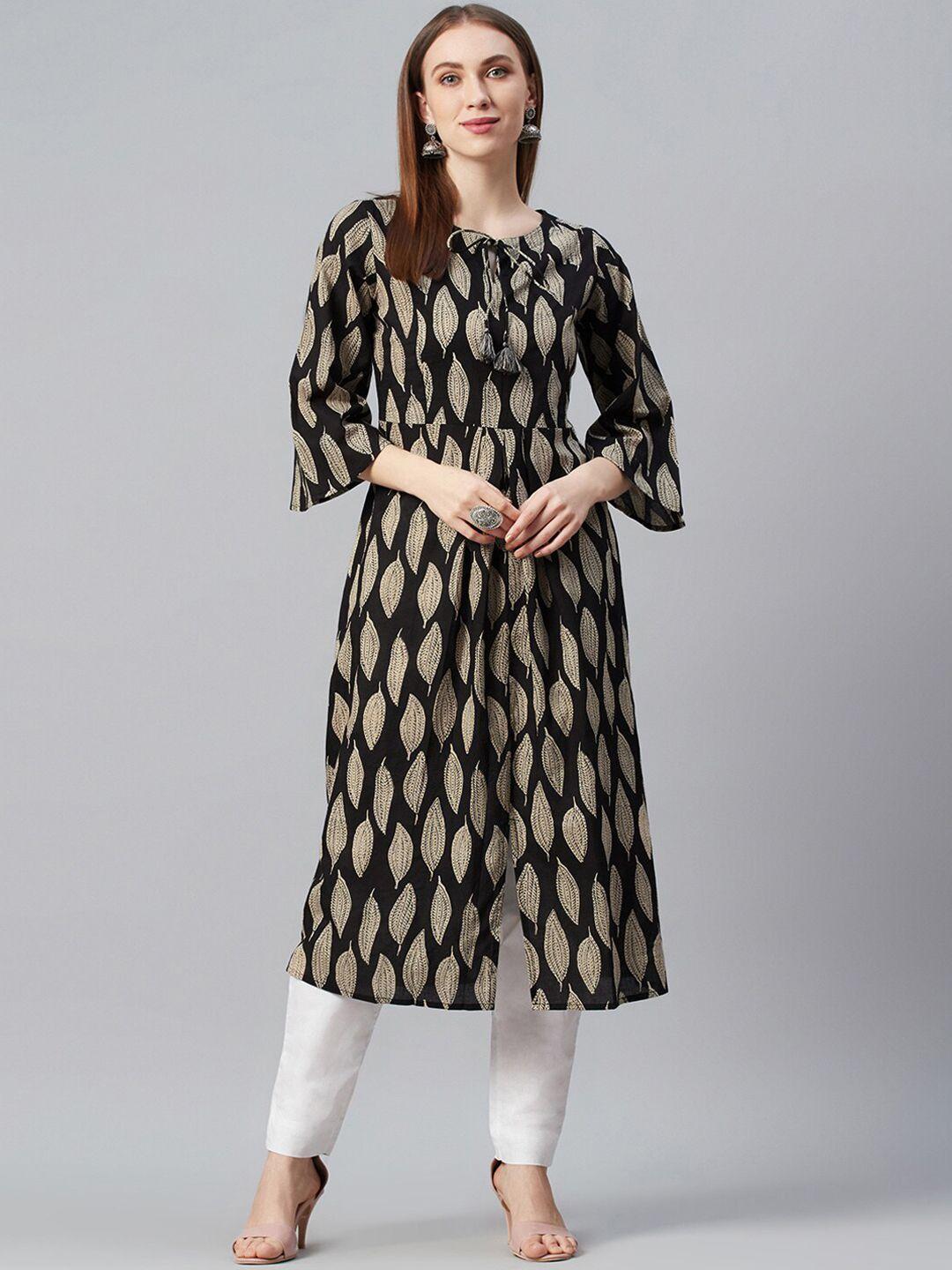 anayna women black & beige floral printed flared sleeves pure cotton kurta