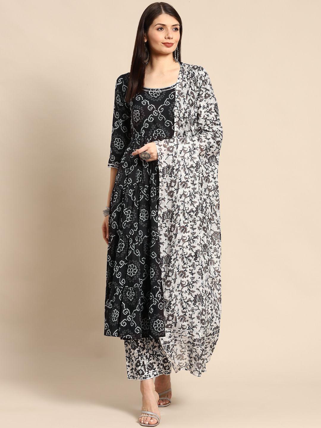 anayna women black bandhani printed pure cotton kurta with trousers & dupatta