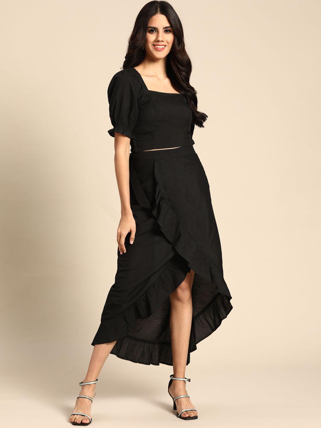 anayna women black solid balloon sleeves top with ruffled wrap skirt