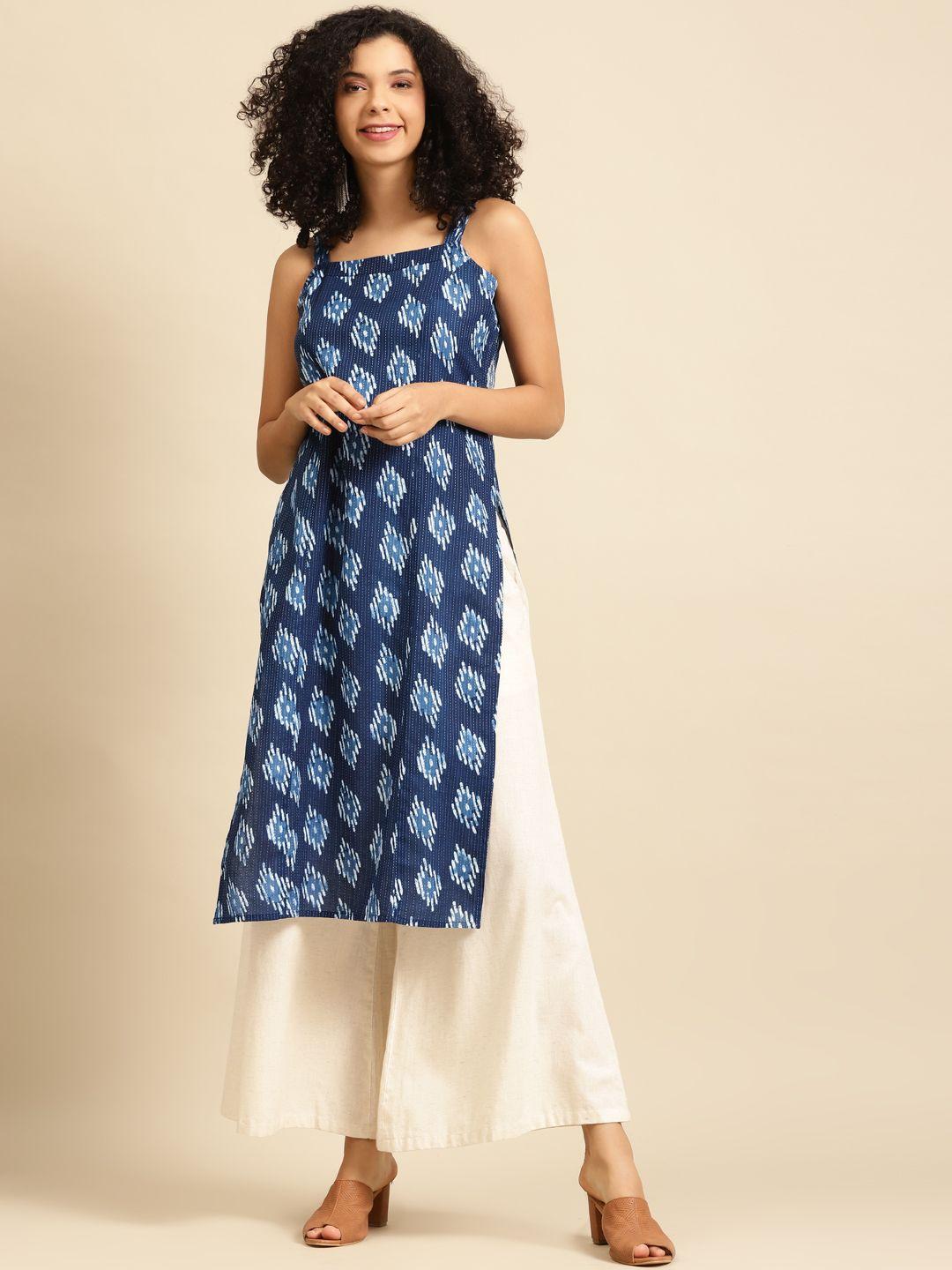 anayna women blue & white geometric screen print cotton fusion kurta