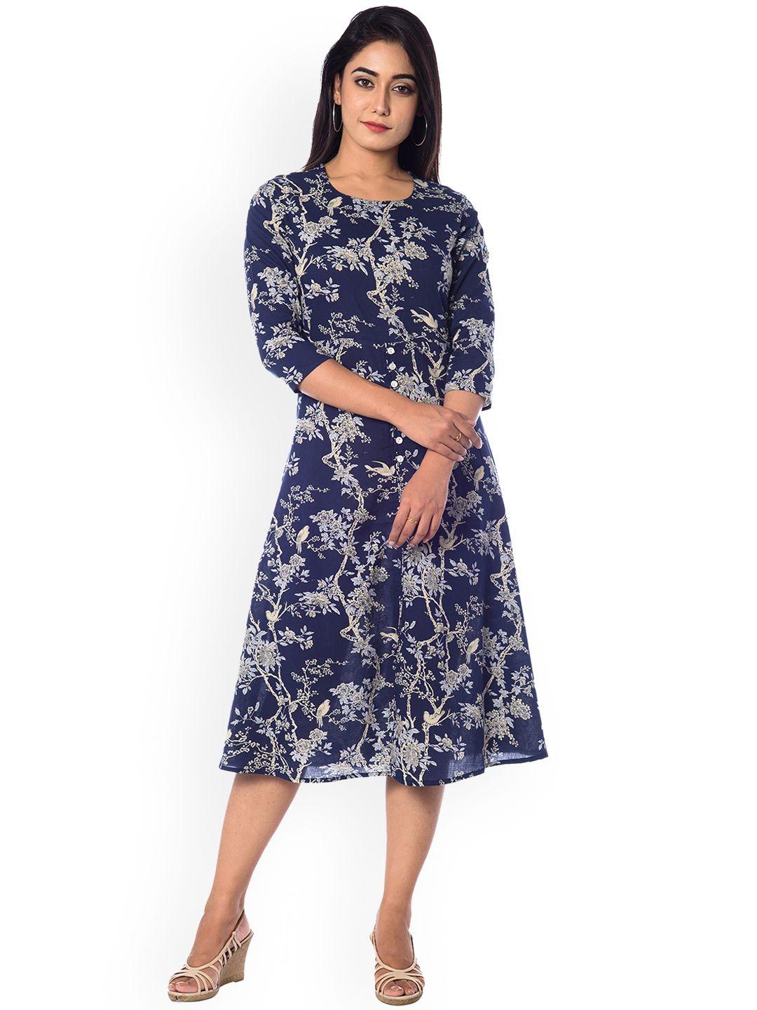 anayna women blue printed fit and flare dress