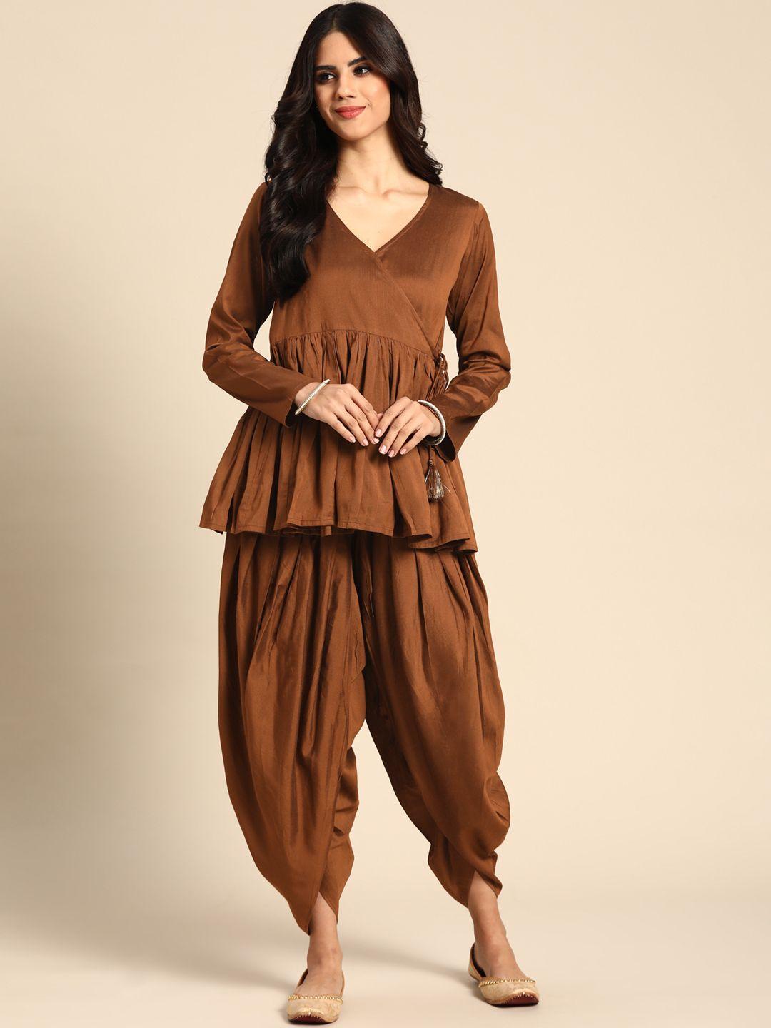 anayna women brown solid tunic with dhoti pants
