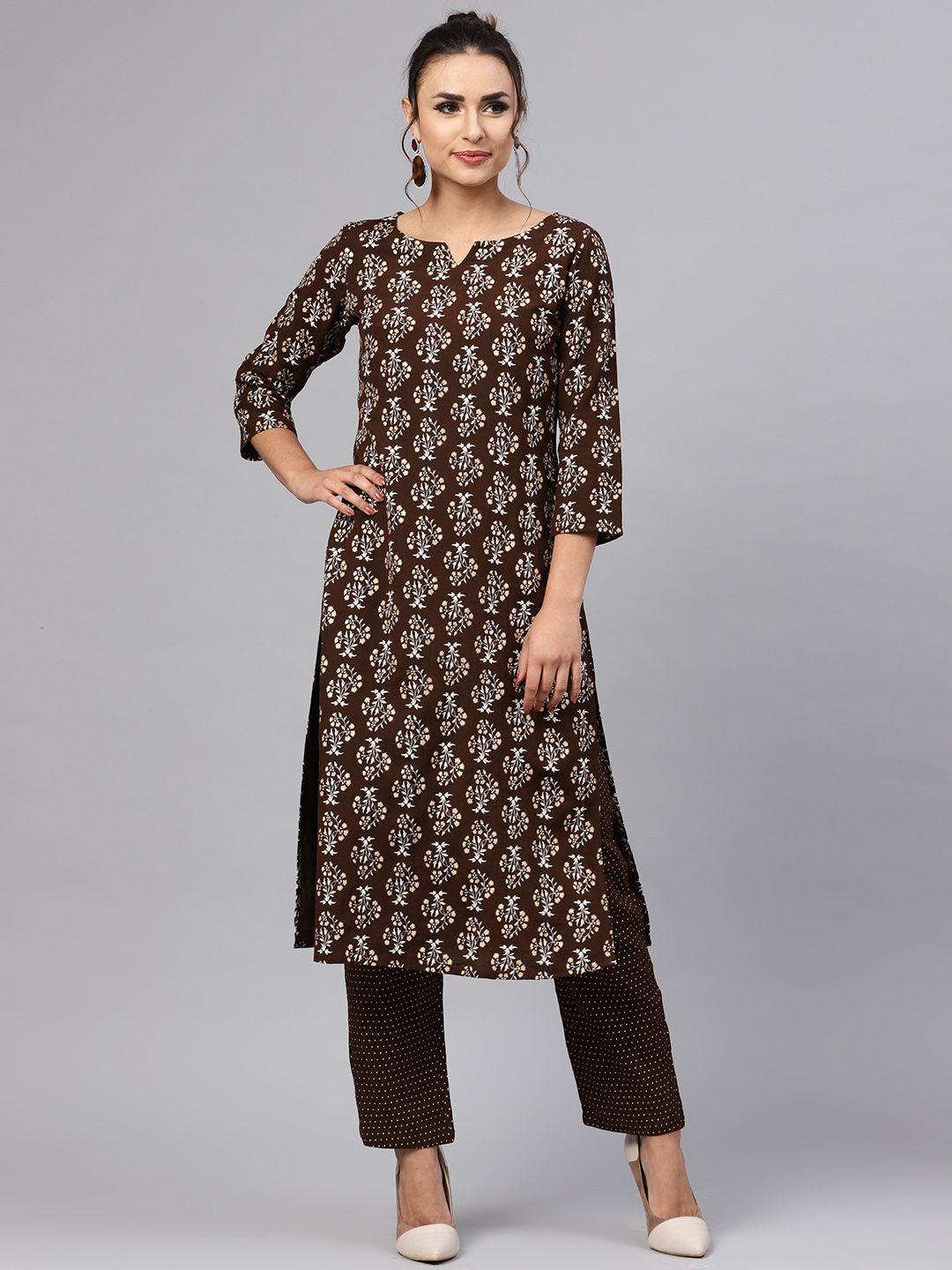 anayna women coffee brown & golden printed kurta with trousers