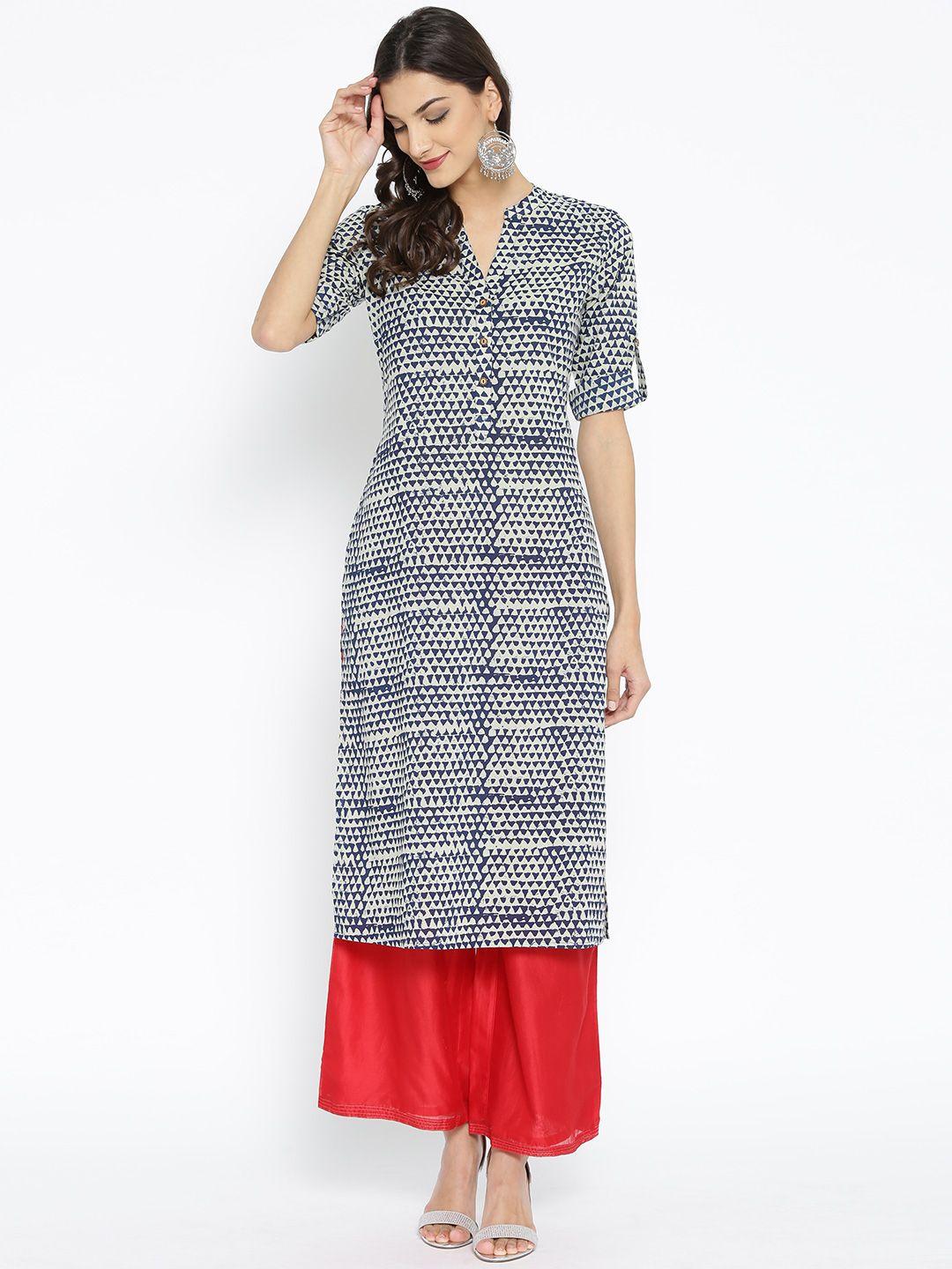 anayna women cream-coloured & navy blue printed straight kurta