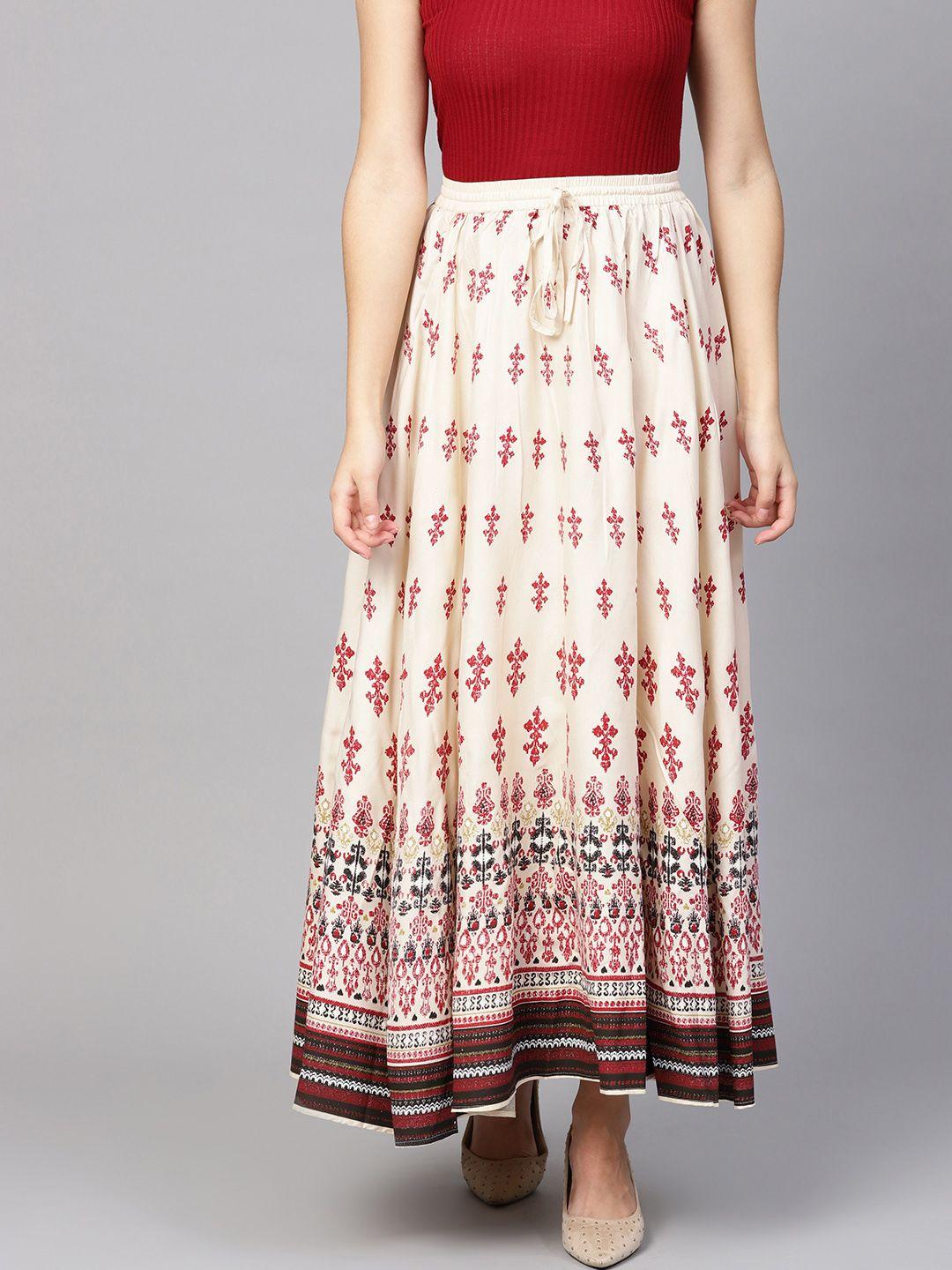 anayna women cream-coloured & red printed flared maxi skirt